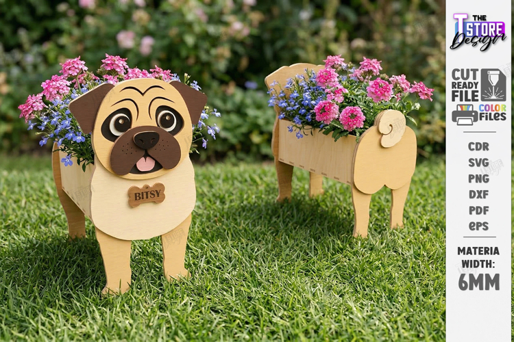 3D Dog Breeds Planters with Name Tag Laser Cut | Flower Pot