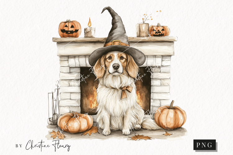 Cozy Halloween Dog by Fireplace | Halloween PNG