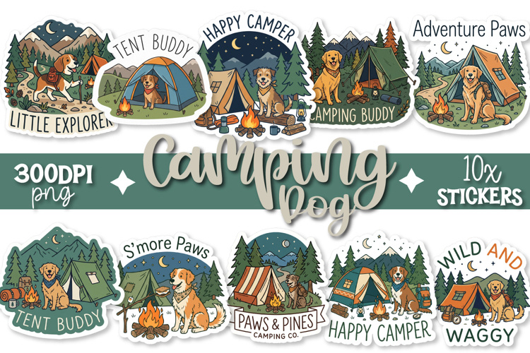 Camping Dog Stickers 10x Designs Transparent PNGs