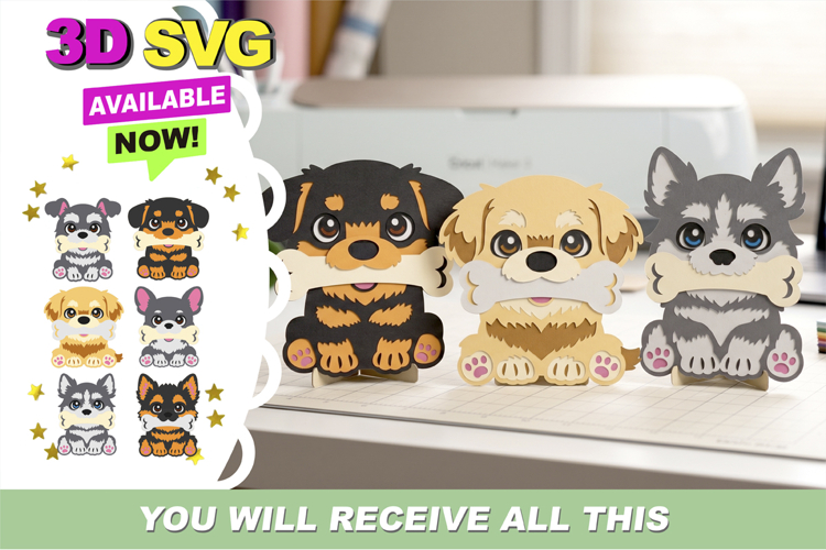 Kawaii Dogs with Bones 3D SVG