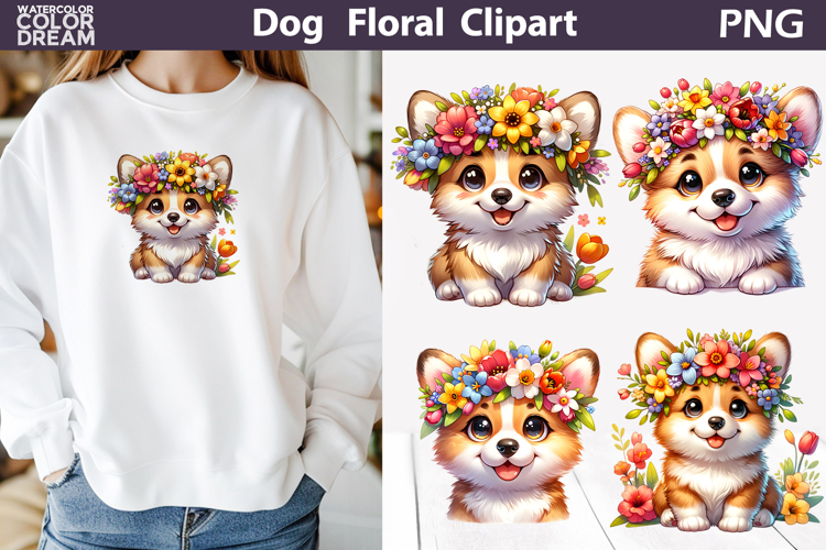 Corgi Floral Clipart | Puppy Sublimation