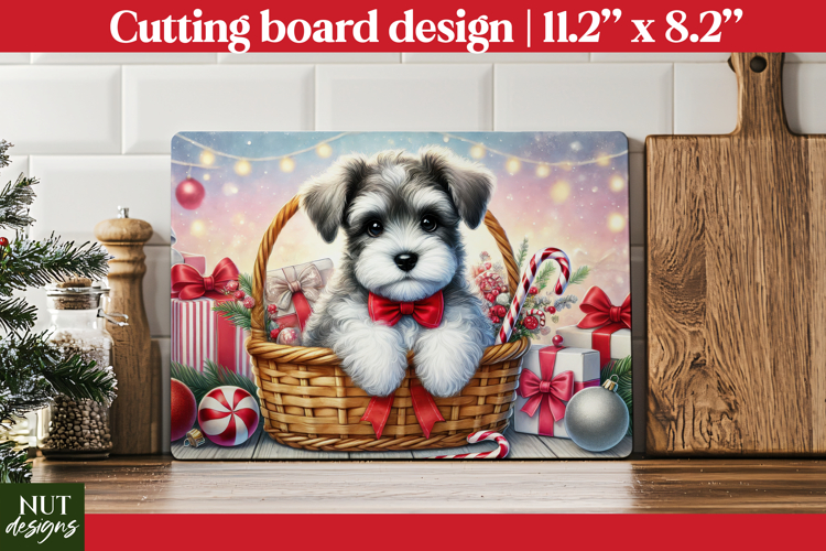 Christmas cutting board, Christmas Puppy in Basket