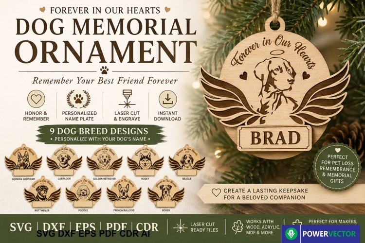 Dog Memorial Ornament SVG, Pet Loss Laser Cut File