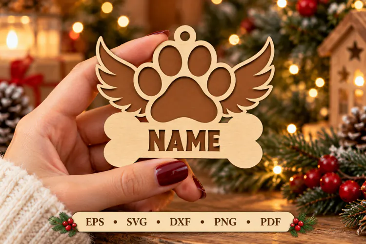 Heart Paw Bauble Laser Cut Wood File, Christmas Ornament SVG