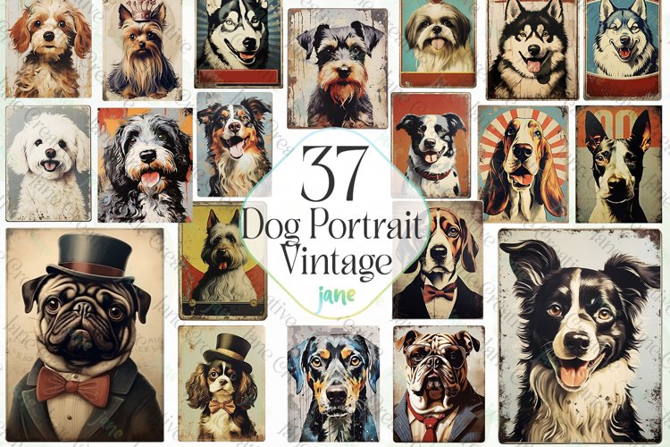 Dog Portrait Vintage Sublimation Clipart