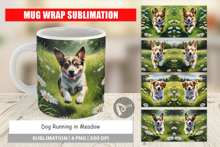 Mug Wrap Design Dog Running in Meadow