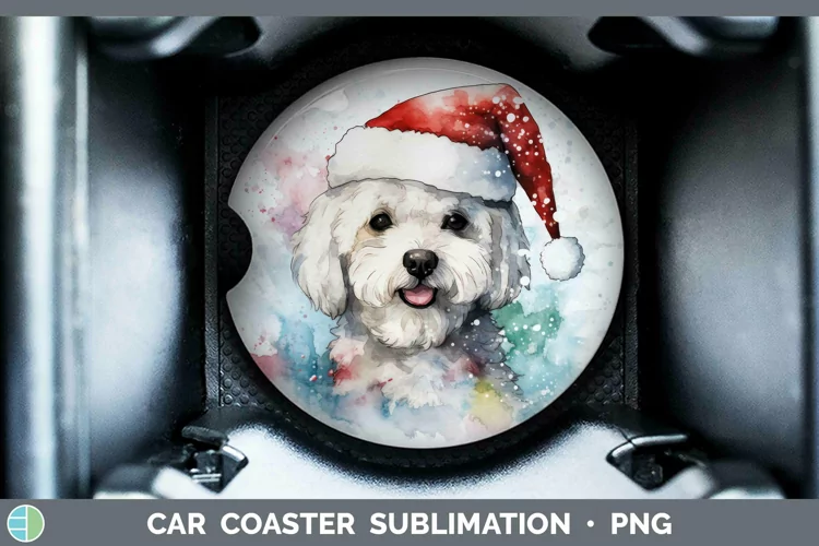 Dog Santa Hat Bichon Frise Car Coaster Sublimation Coaster D