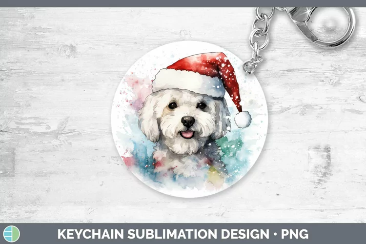 Dog Santa Hat Bichon Frise Keychain Sublimation Keyring Desi