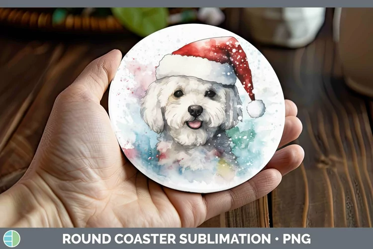 Dog Santa Hat Bichon Frise Round Coaster Sublimation Coaster