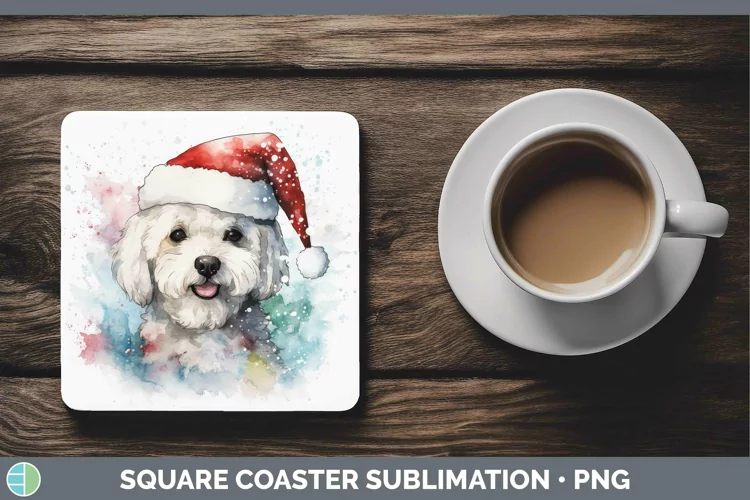 Dog Santa Hat Bichon Frise Square Coaster Sublimation Coaste