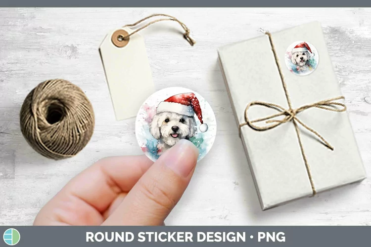 Dog Santa Hat Bichon Frise Stickers | Round Labels Designs