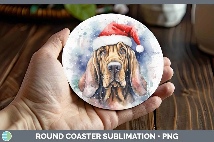 Dog Santa Hat Bloodhound Round Coaster Sublimation Coaster D