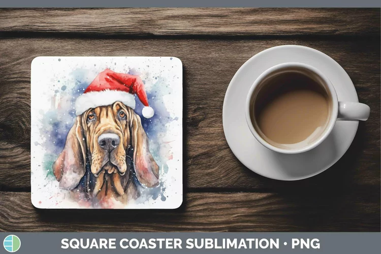 Dog Santa Hat Bloodhound Square Coaster Sublimation Coaster