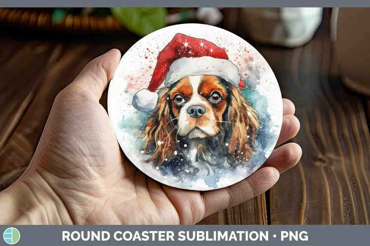 Dog Santa Hat Cavalier King Charles Spaniel Round Coaster Su