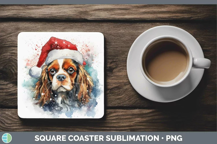 Dog Santa Hat Cavalier King Charles Spaniel Square Coaster S
