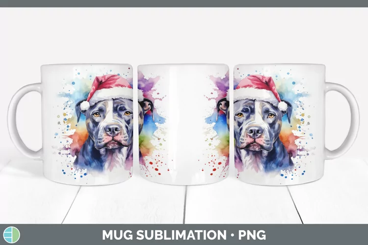 Dog Santa Hat Pit Bull Mug Wrap Sublimation Coffee Cup Desig