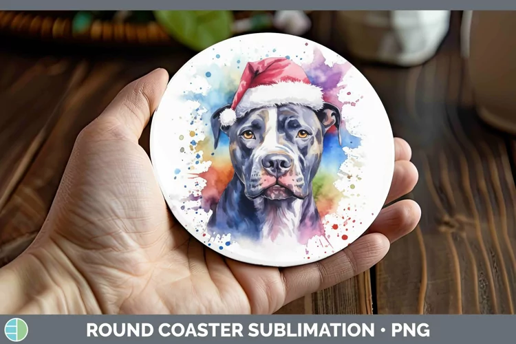 Dog Santa Hat Pit Bull Round Coaster Sublimation Coaster Des