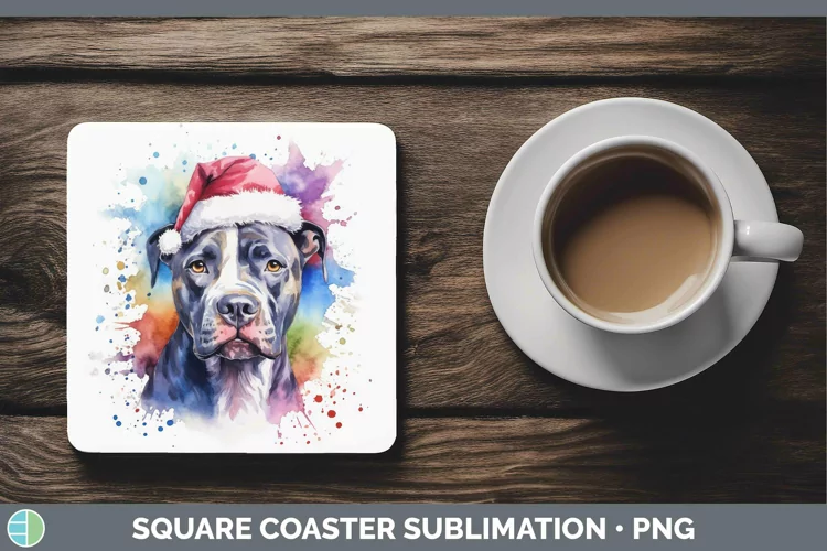 Dog Santa Hat Pit Bull Square Coaster Sublimation Coaster De