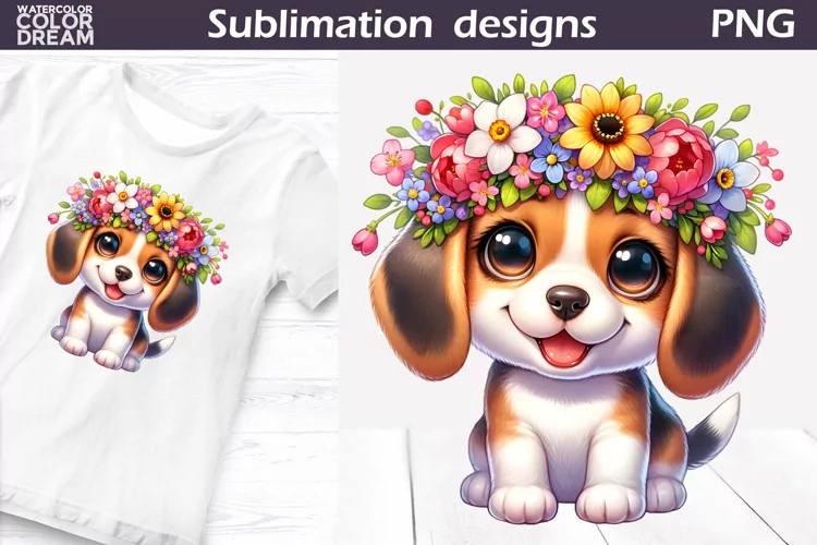 Beagle Puppy Flowers | Dog Sublimation Design