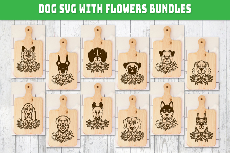 Dog SVG with Flowers | Dog Laser Engraving Cut Files BUNDLES