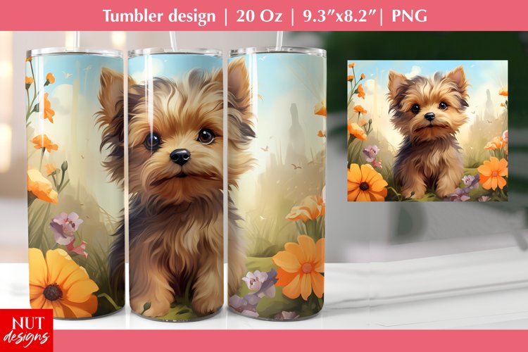 Yorkshire terrier dog tumbler wrap, Flowers tumbler design example image 1