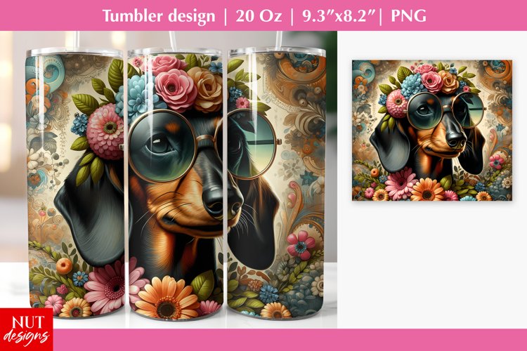 Dachshund dog tumbler, floral dog tumbler Dog in sunglasses