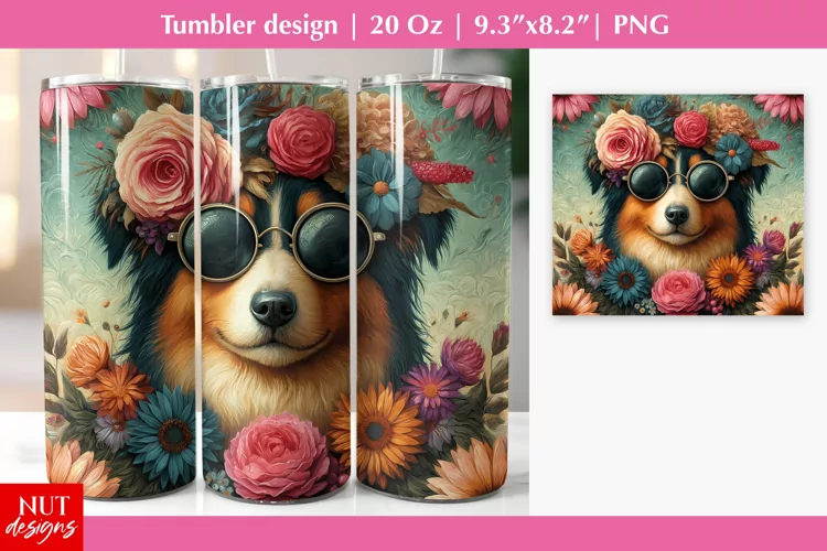 Shepherd dog tumbler, floral dog face, Dog in sunglasses