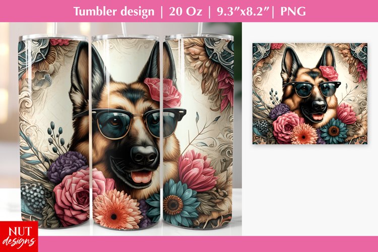 German Shepherd dog tumbler, floral dog face sunglasses