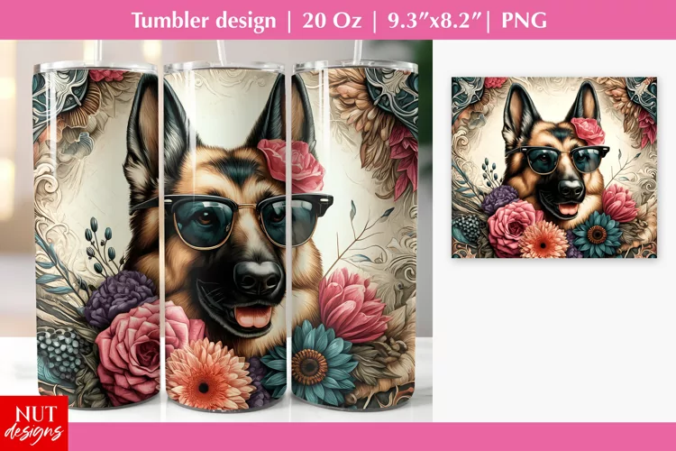 Floral Shepherd tumbler, Floral tumbler Dog in sunglasses