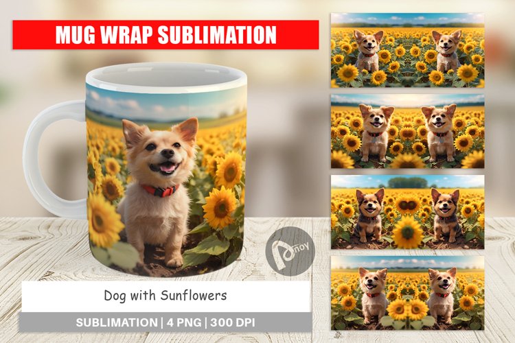 Mug Wrap Design Dog and Sunflowers