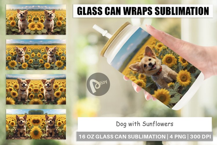 Glass Can Wraps Dog and Sunflowers