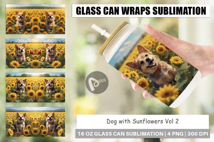Glass Can Wraps Dog and Sunflowers