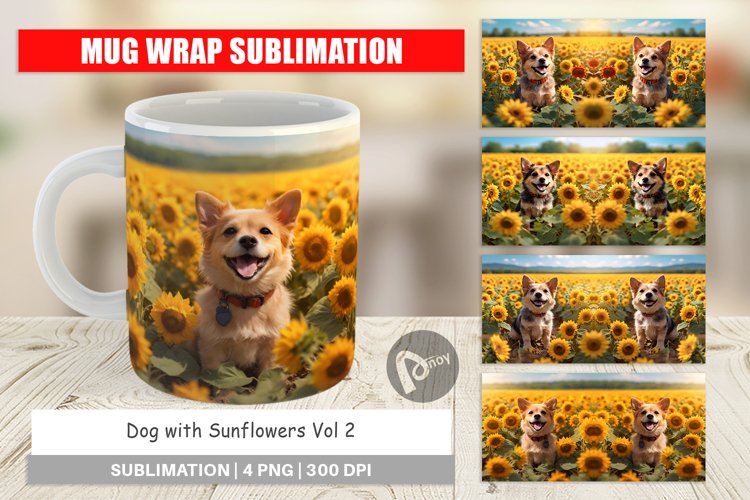 Mug Wrap Design Dog and Sunflowers