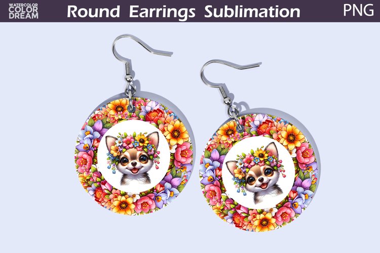 Dog Flowers Round Earrings | Puppy Earrings Sublimation example image 1