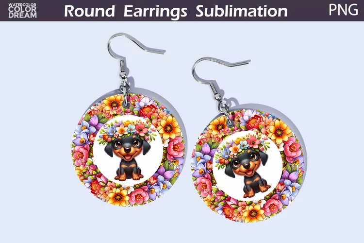 Dog Flowers Round Earrings | Puppy Earrings Sublimation