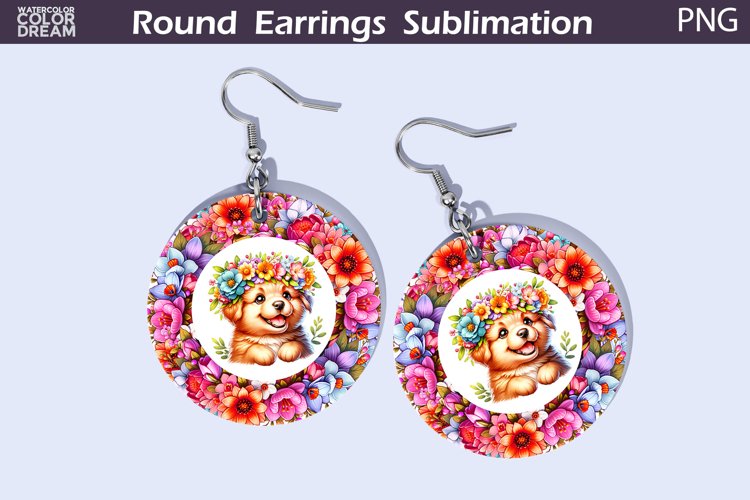Dog Flowers Round Earrings | Puppy Earrings Sublimation