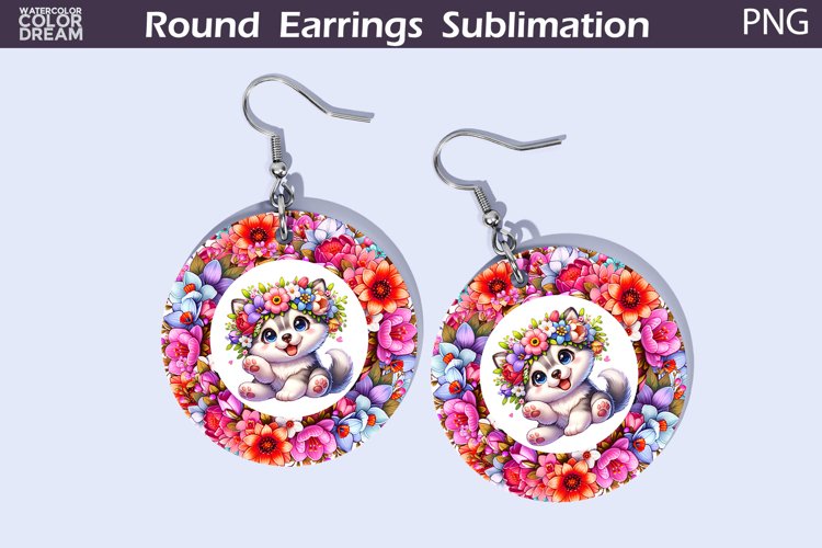 Dog Flowers Round Earrings | Puppy Earrings Sublimation