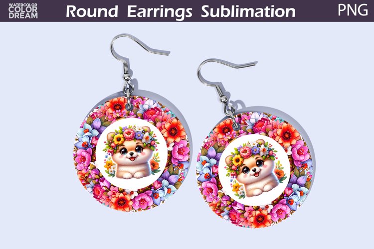 Dog Flowers Round Earrings | Puppy Earrings Sublimation example image 1