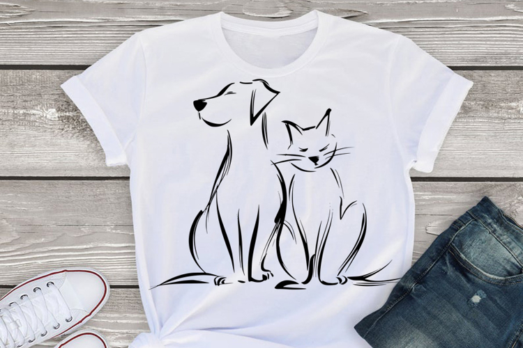 Cat and Dog line art Illustration, Black Silhouette T-shirt