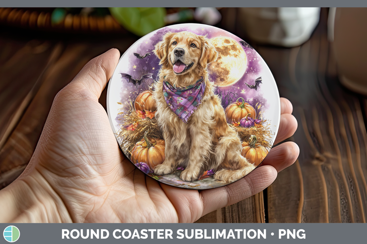 Dogs 01 Bandana Halloween Golden Retriever Round Coaster Sub