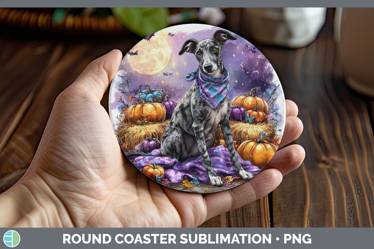 Dogs 01 Bandana Halloween Greyhound Round Coaster Sublimatio