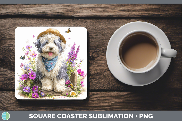 Old English Sheepdog Square Coaster Dogs 01 Bandana Summer S