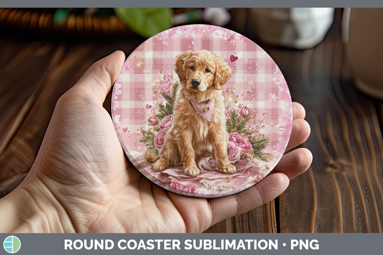 Golden Retriever Dogs 01 Checker Valentine Round Coaster Sub