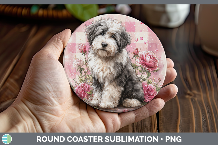 Old English Sheepdog Dogs 01 Checker Valentine Round Coaster