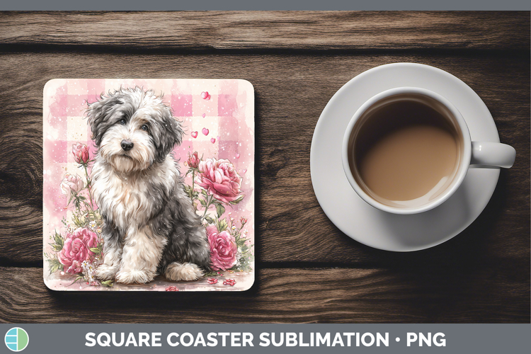 Old English Sheepdog Dogs 01 Checker Valentine Square Coaste