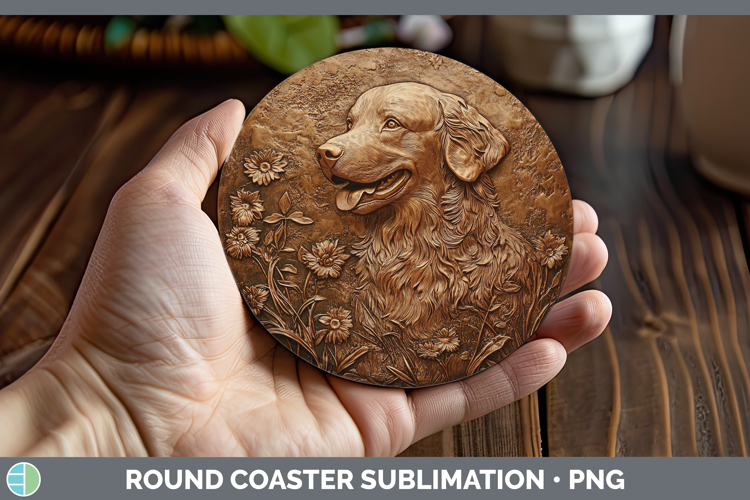 Dogs 01 Copper Relief Golden Retriever Round Coaster Sublima