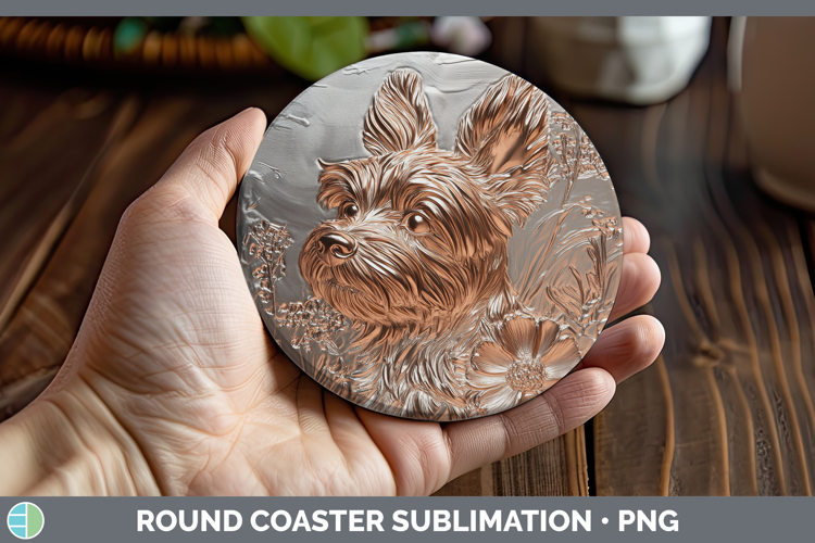 Dogs 01 Copper Relief Yorkshire Terrier Round Coaster Sublim