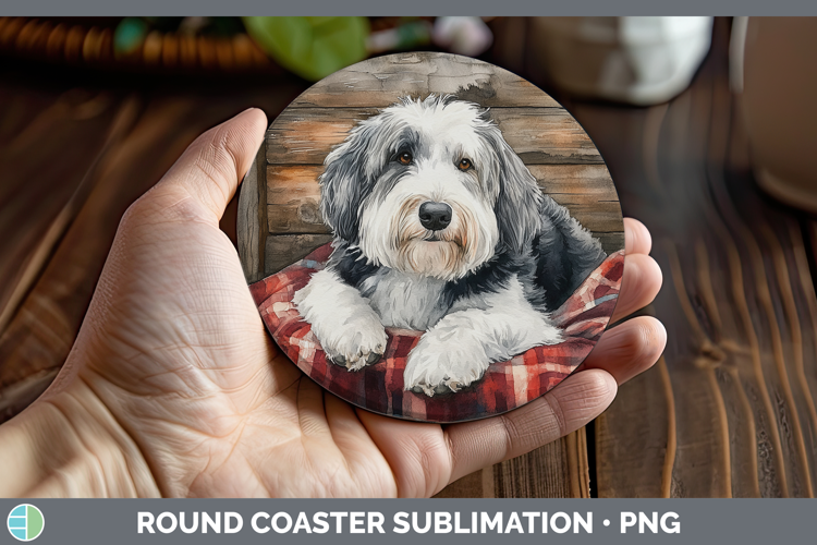 Dogs 01 Flannel Old English Sheepdog Round Coaster Sublimati