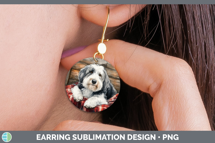Dogs 01 Flannel Old English Sheepdog Round Earrings Sublimat
