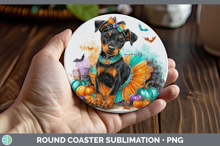 Dogs 01 Halloween Doberman Pinscher Round Coaster Sublimatio